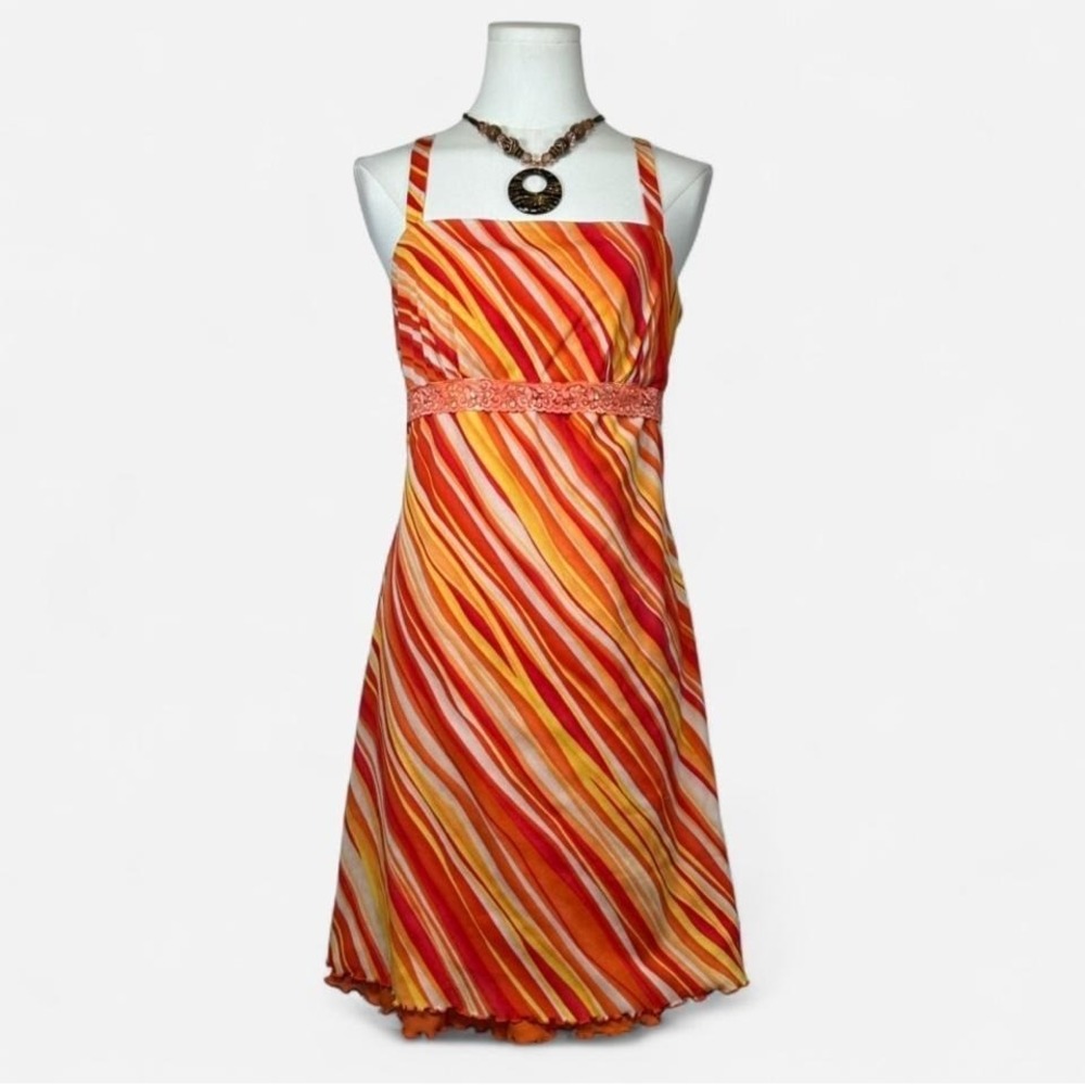 Y2K Asymmetrical Striped Summer Sress Embellished Lace Trim L Boho Fairy Summer